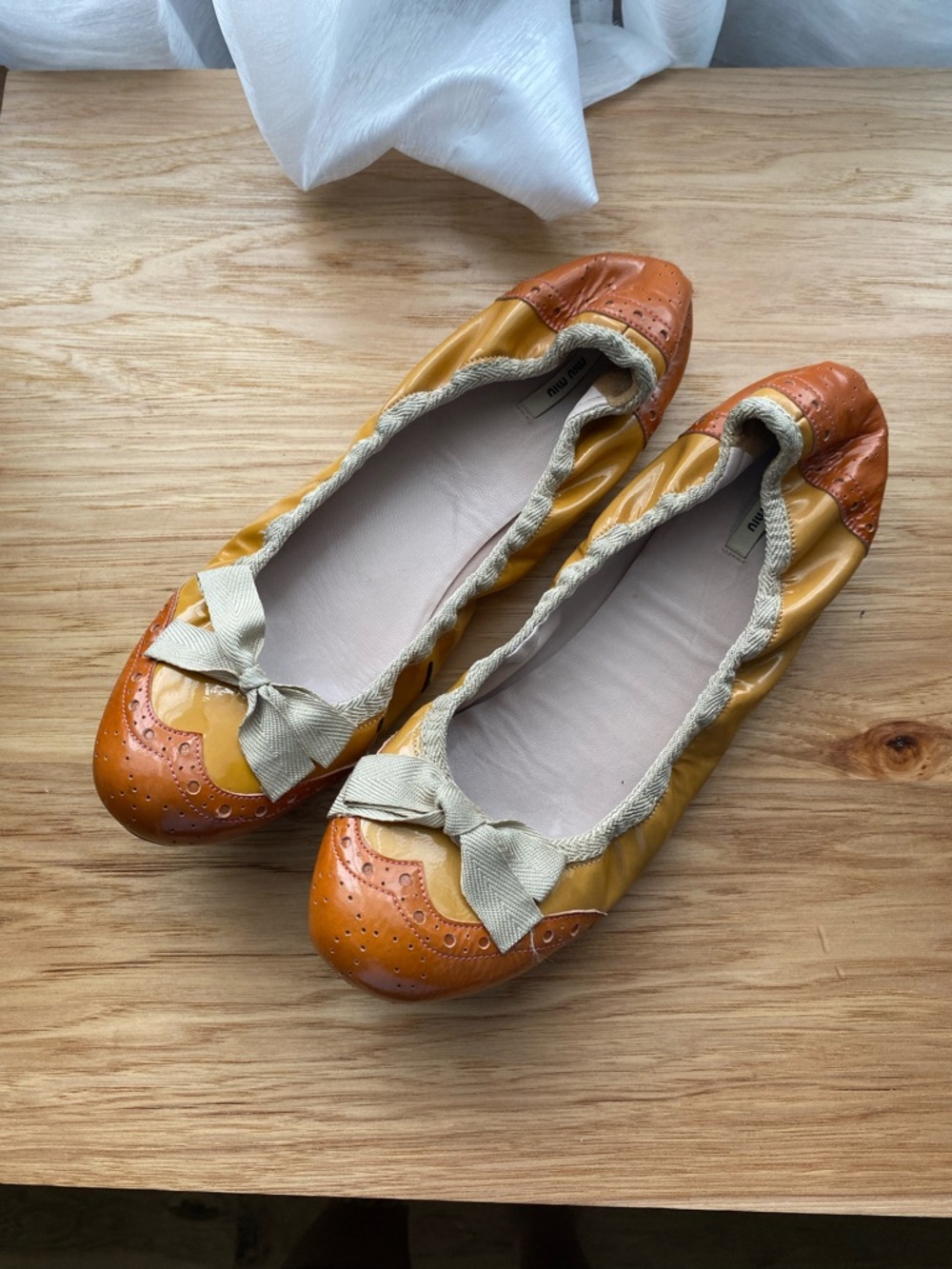 Miu miu Yello and Tan Bow Ballet Flats